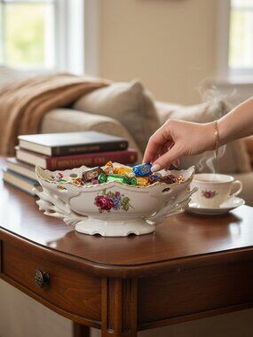 Vintage 1940's Porcelain Candy Dish with Beautiful Florals and Gold Edging